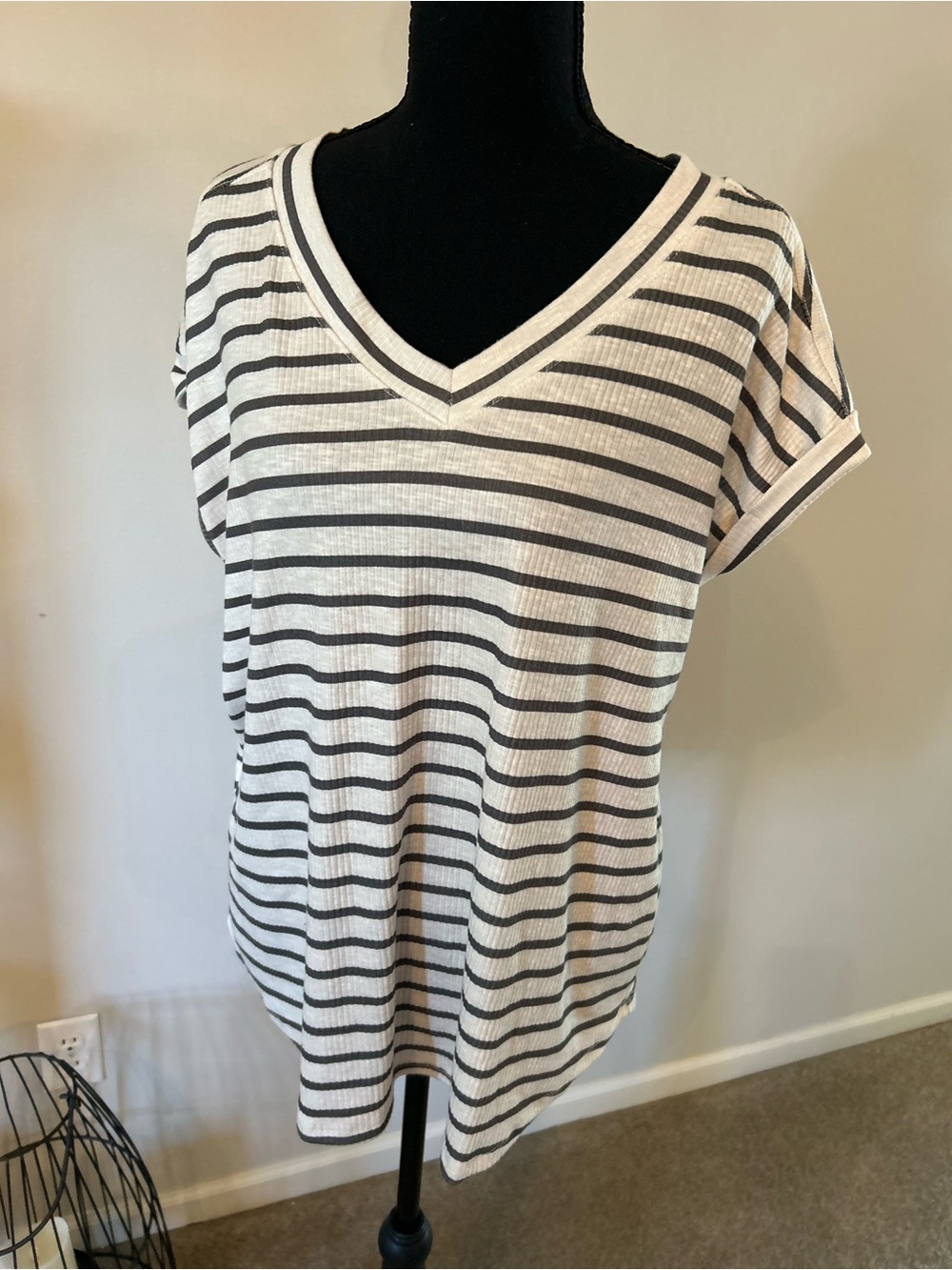 Maurices White and Olive Striped V‑Neck Tunic